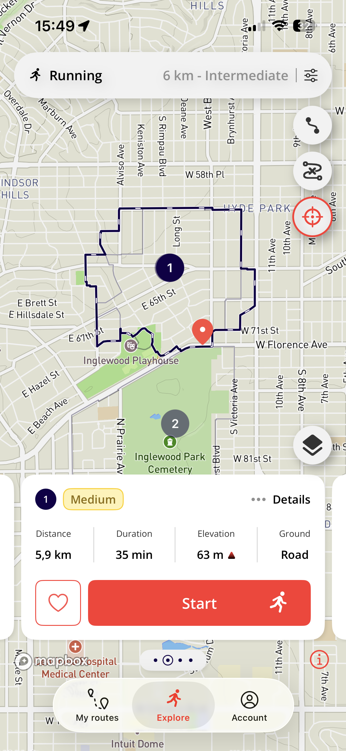 Personalized RunnrZ route results around Inglewood with distance and duration